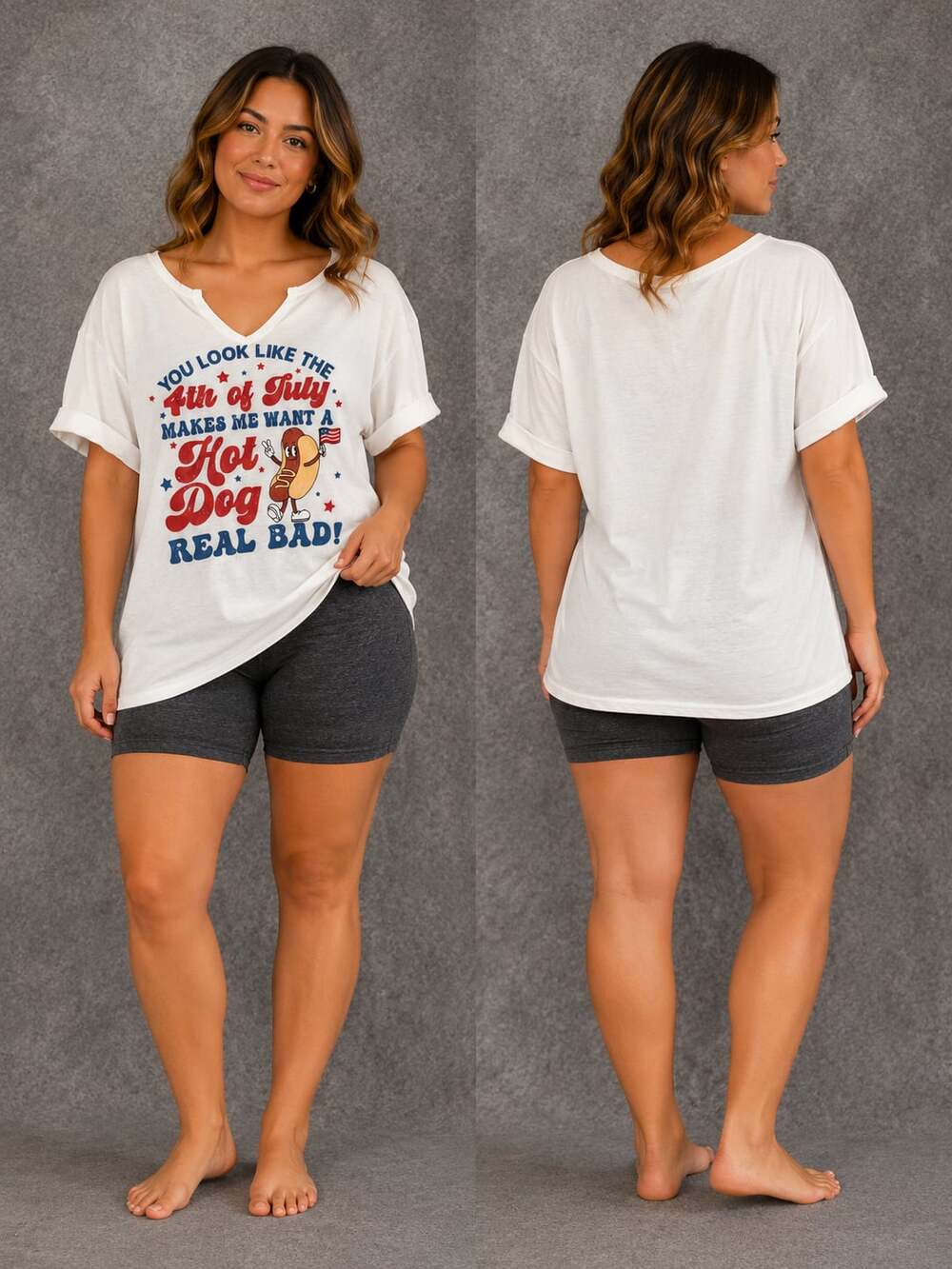 Womens 4th Of July Hot Dog Graphic V-Neck Short Sleeve Tee XL